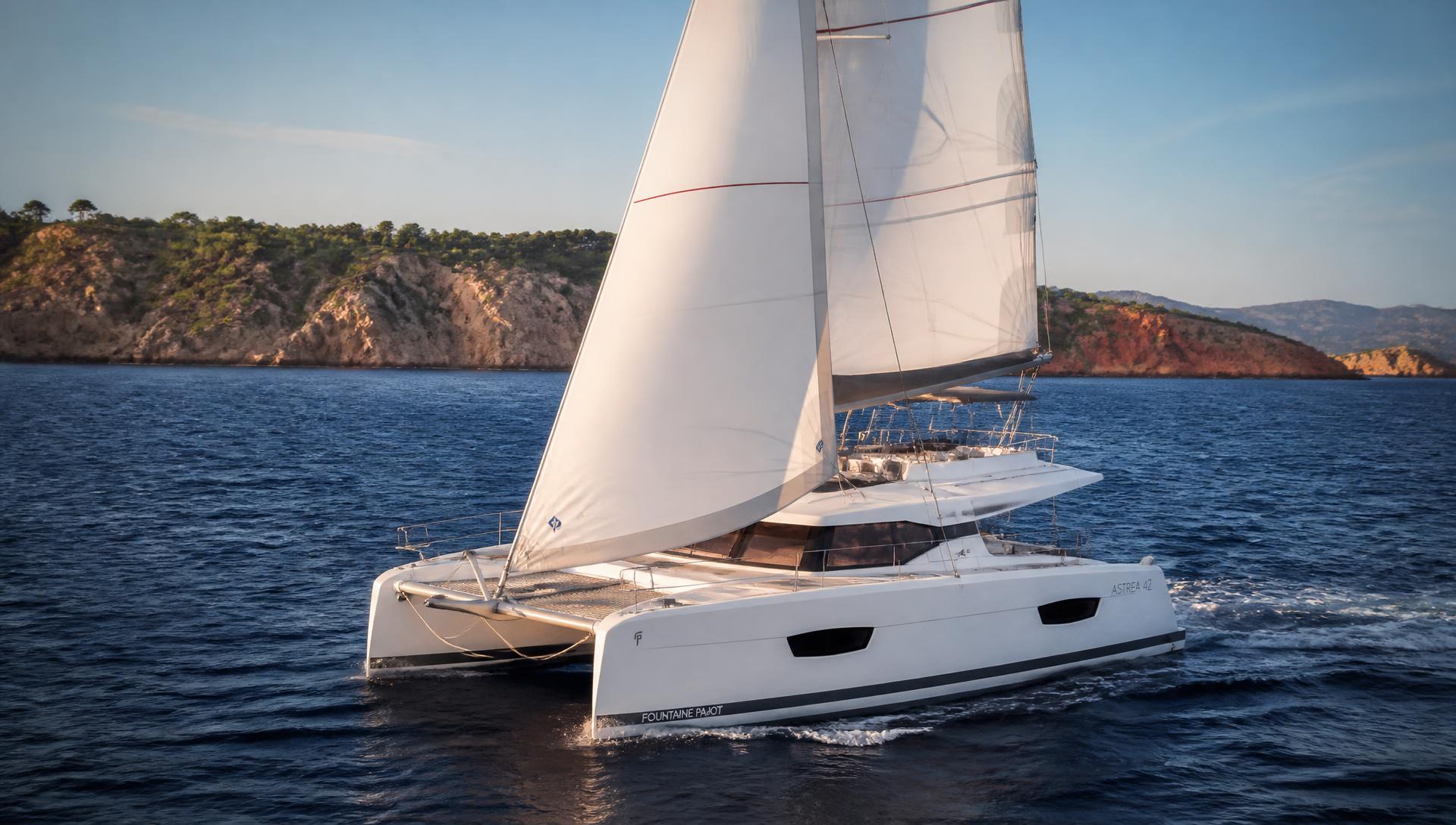 Catamaran à voile naviguant en Méditerranée au coucher du soleil